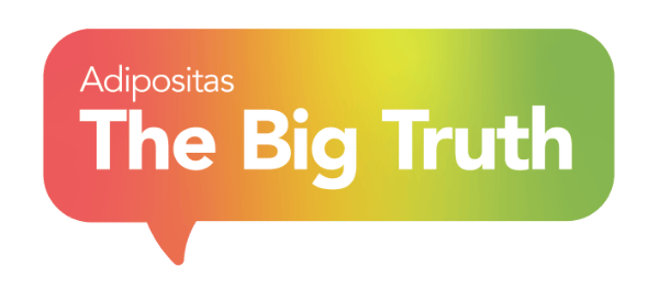 Colorful speech bubble graphic with the text "adipositas the big truth.